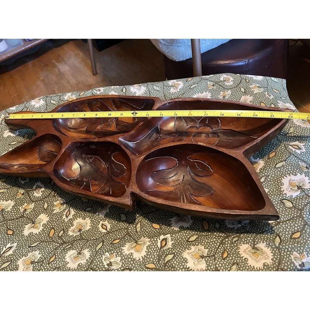 Hand Carved Wood Floral 6-Compartment Serving Tray, Brown Rustic 22 in